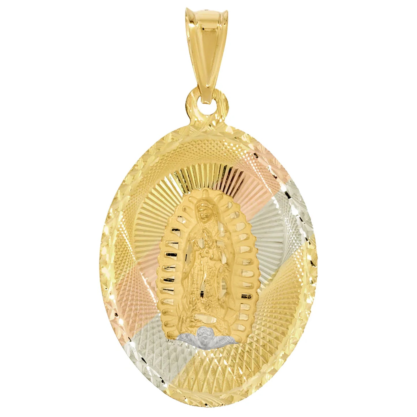 10K Yellow Gold Lady of Guadalupe Oval Medal Pendant with Diamond-Cut - Tri-Color