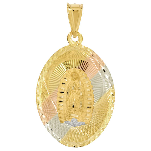 10K Yellow Gold Lady of Guadalupe Oval Medal Pendant with Diamond-Cut - Tri-Color