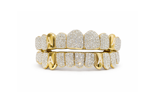 10 Top | 10 Bottom Grillz - Round Diamonds Honeycomb Set Plain Fangs with Engraving